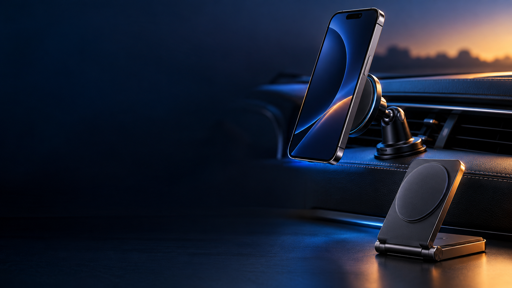 Illustrative dashboard phone mount and folding charging stand on a dark blue background