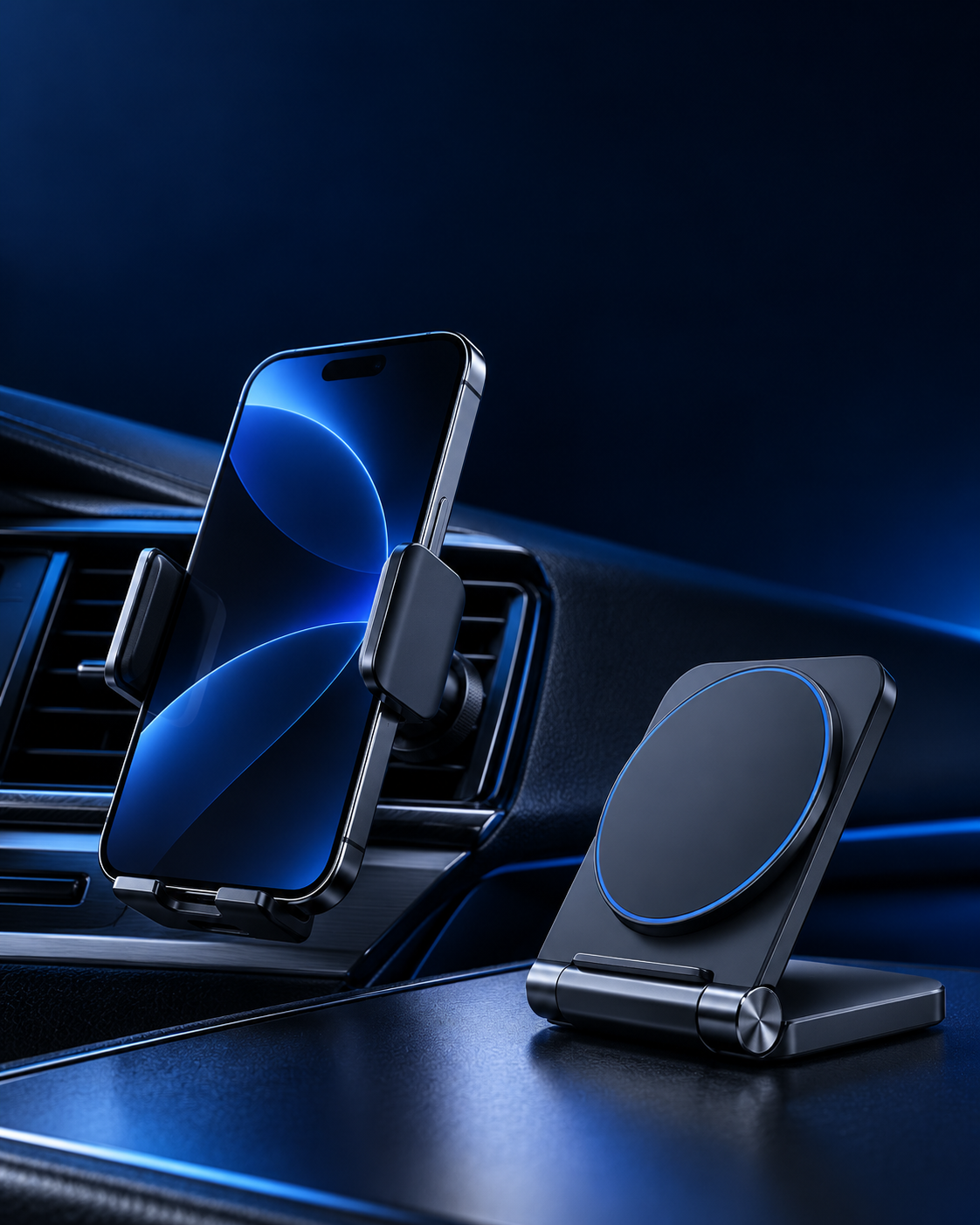 Illustrative phone mount and folding charging stand on a navy background